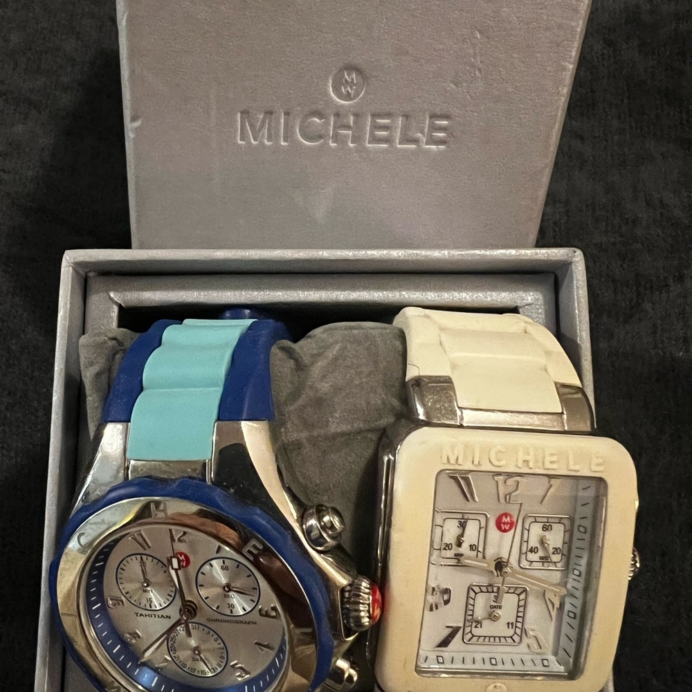 “Jellybean” Michele watches 2 watches. One blue. One white.